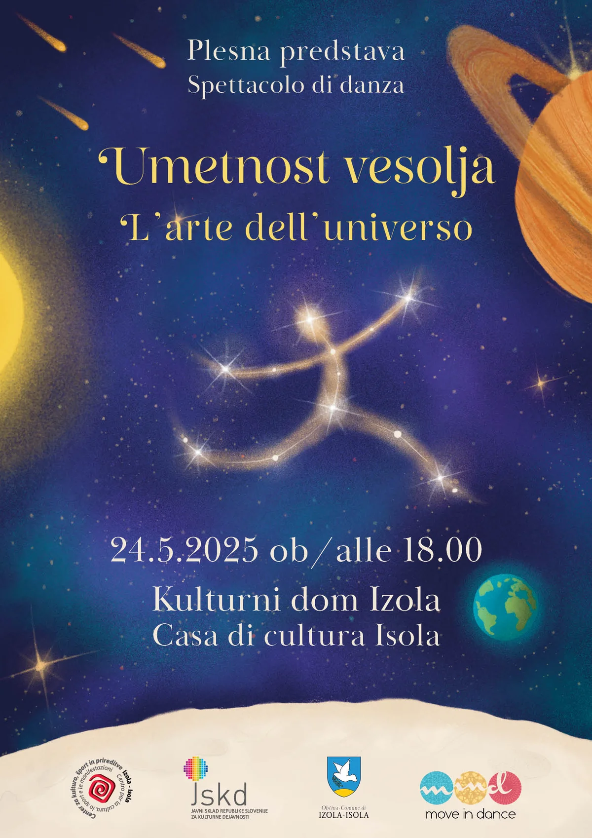Ilustrirani plakat Umetnost vesolja za plesno predstavo Move in Dance